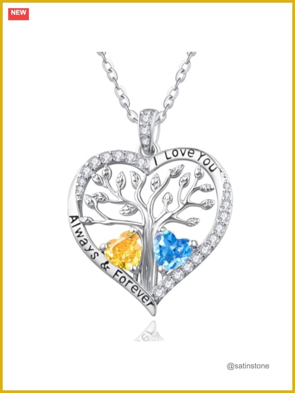 Sterling Silver Tree of Life Heart Necklace 2 Birthstones
